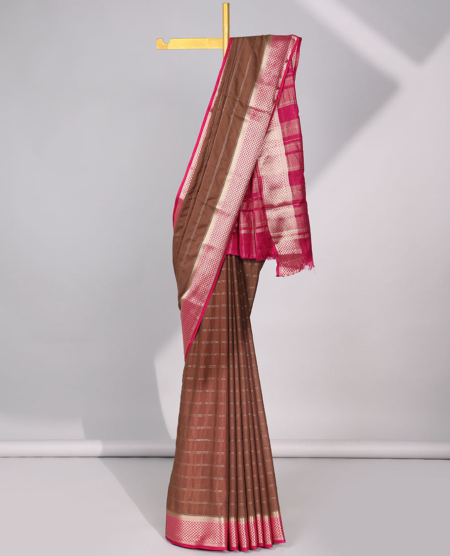 brown striped art mysore silk saree with contrast zari design border & striped zari pallu
