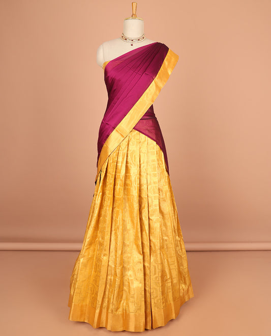 Yellow floral jacquard half saree with self floral zaei design border , zari design blouse & plain, zari design border dhavani