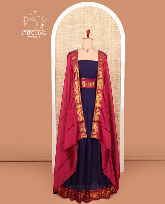 Blue plain cotton half-saree with contrast traditional zari bordered skirt, matching blouse, and a contrast elephant motifs bordered dhavani