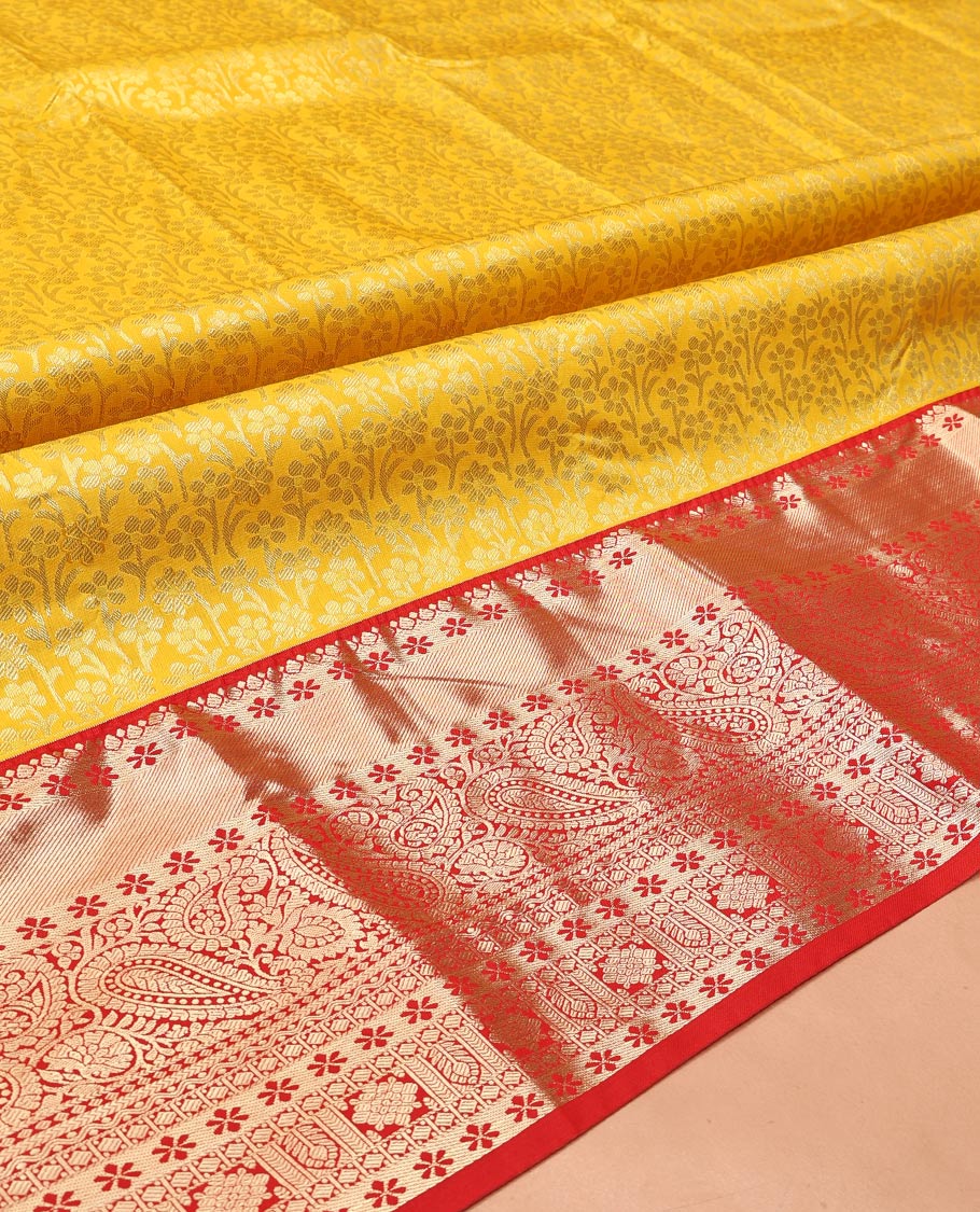 Yellow Art Silk Material Half Saree, Sparsely Sparkled with Jacquard Skirt, a Contrast Traditional Zari Border, Contrast Blouse, and an Intricate Dhavani