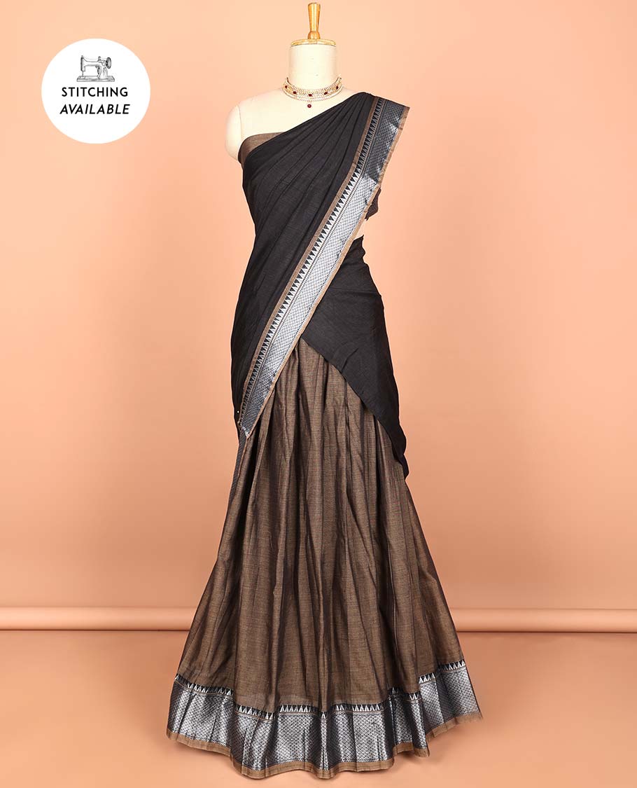 Green cotton half saree with contrast zari border, plain blouse & plain with zari border dhavani