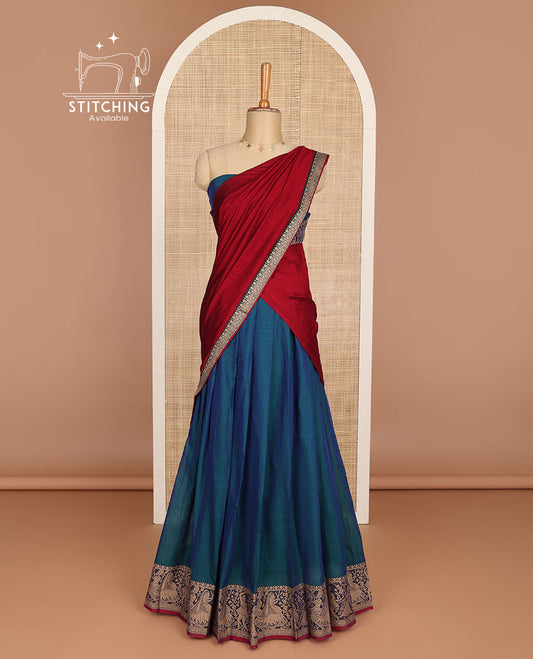 Blue cotton half saree with contrast wedding design border, embroidered blouse & floral design dhavani