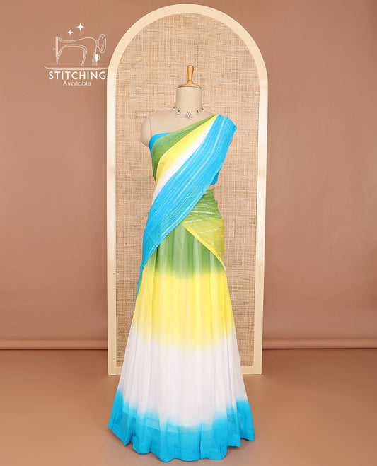 Multi-color half saree with contrast border, plain blouse & striped dhavani