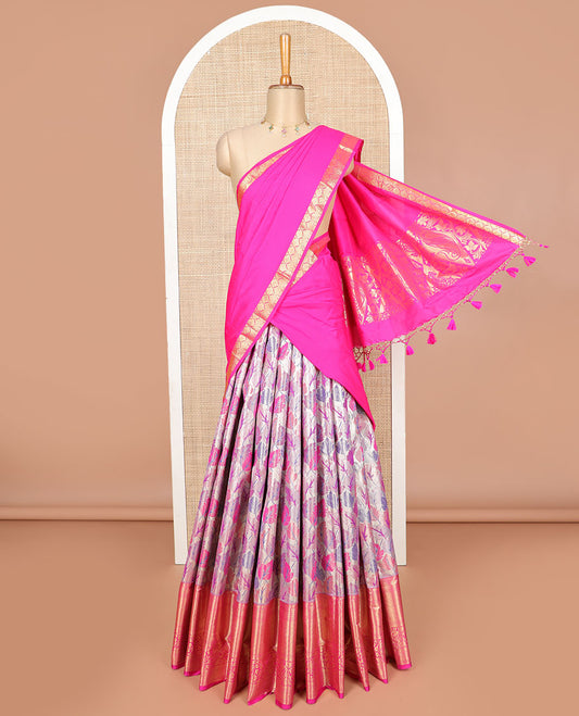 Pink leaf design art sillk saree with contrast border of intricate zari designs, zari design blouse & floral design dhavani