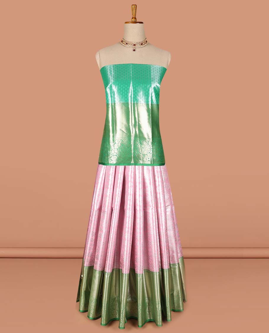 Pink  floral jaal jacquard art-silk half saree, contrast traditional zari border,zari design blouse & floral zari design dhavani