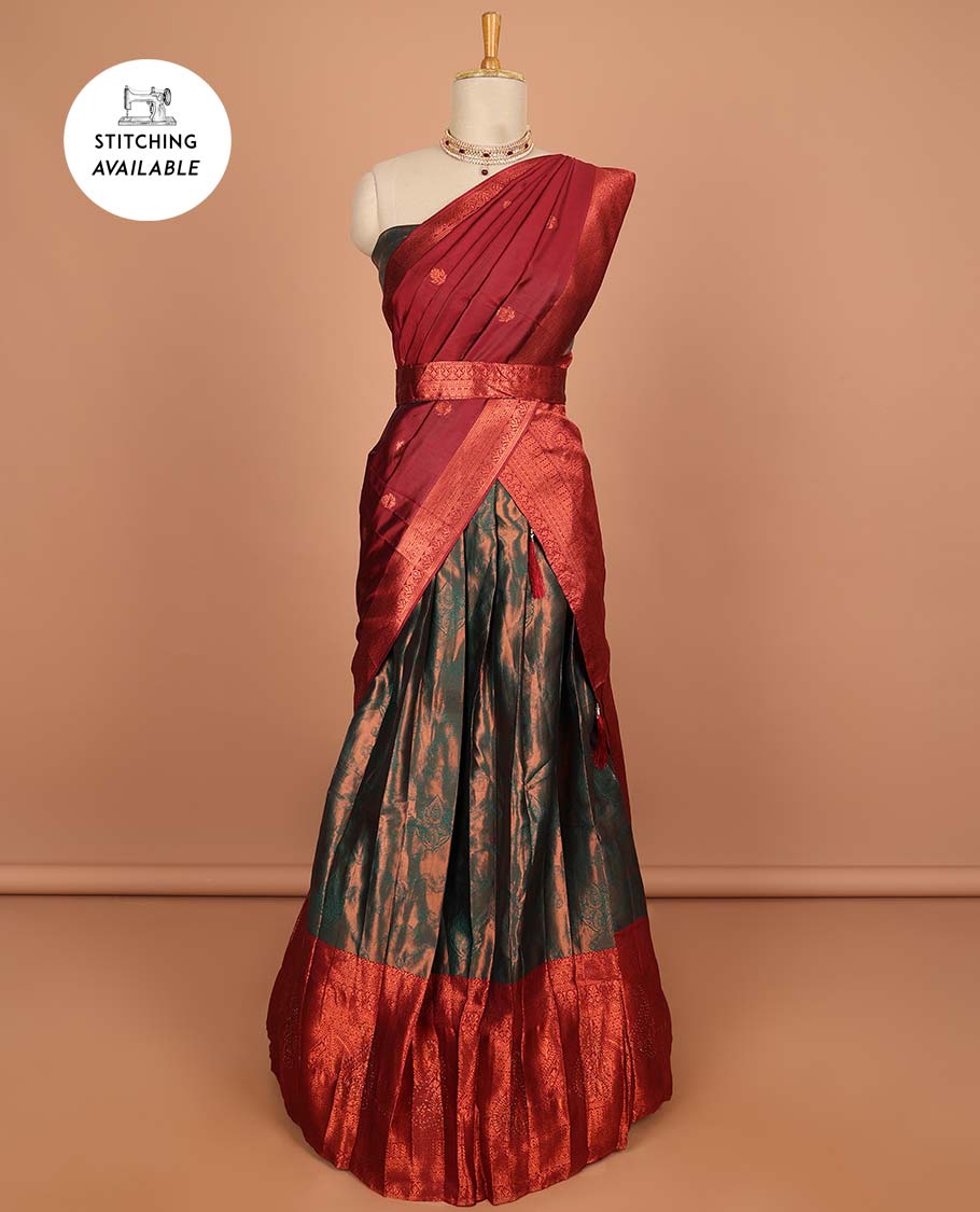 Green floral buttas half saree with contrast zari border, zari design blouse & floral zari design dhavani