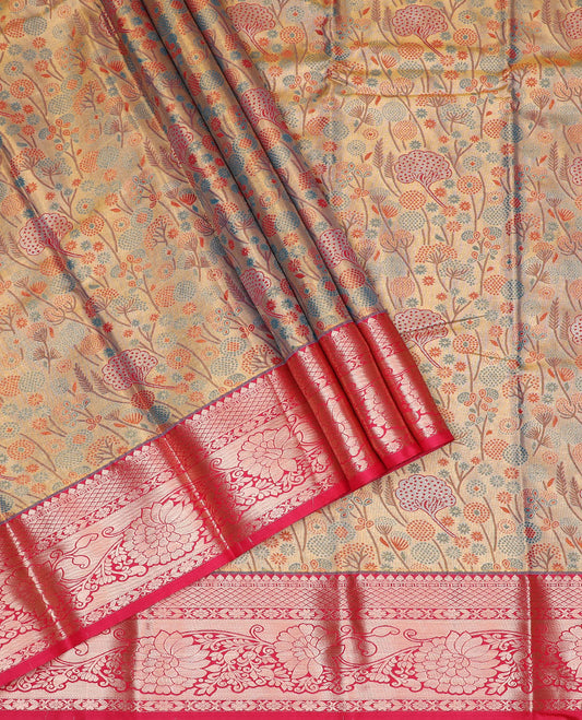 Sandal art silk pavadai material set, floral meenakari jacquard pavadai, contrast blouse & traditional zari border