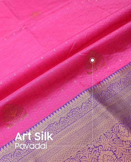 Pink art silk pavadai material, zari design with embossed contrast traditional zari border skirt, and contrast blouse