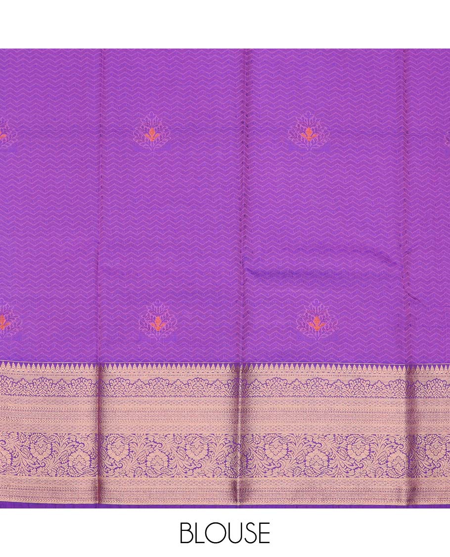 Pink art silk pavadai material, zari design with embossed contrast traditional zari border skirt, and contrast blouse