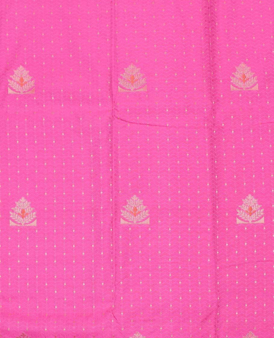 Pink art silk pavadai material, zari design with embossed contrast traditional zari border skirt, and contrast blouse