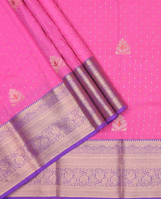 Pink art silk pavadai material, zari design with embossed contrast traditional zari border skirt, and contrast blouse