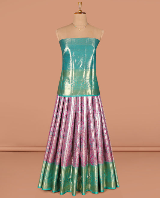 Purple Art Silk Pavadai Material Set, Beautified with Mughal-Style Jacquard Design on Its Skirt, Complemented by a Contrast Traditional Zari Designs Woven Border, and Paired with a Contrast Jacquard Blouse