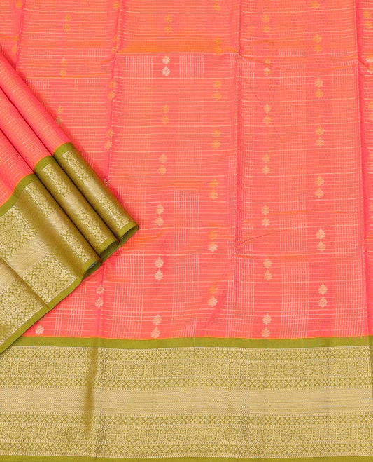 Peach Art Silk Pavadai Material Set Featuring Zari Butta Enclosed Checks Skirt, Complemented by a Contrast Traditional Zari Motifs Woven Border, and Paired with a Contrast Blouse