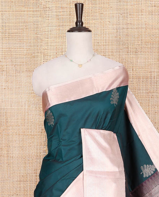 Peacock Blue Budget Silk Saree, Graced with Zari Buttas All Over Its Body, Complemented by a Contrast Traditional Zari Design Border, Grandly Decked Up Pallu, and Paired with a Contrast Blouse