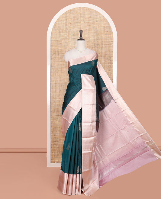 Peacock Blue Budget Silk Saree, Graced with Zari Buttas All Over Its Body, Complemented by a Contrast Traditional Zari Design Border, Grandly Decked Up Pallu, and Paired with a Contrast Blouse