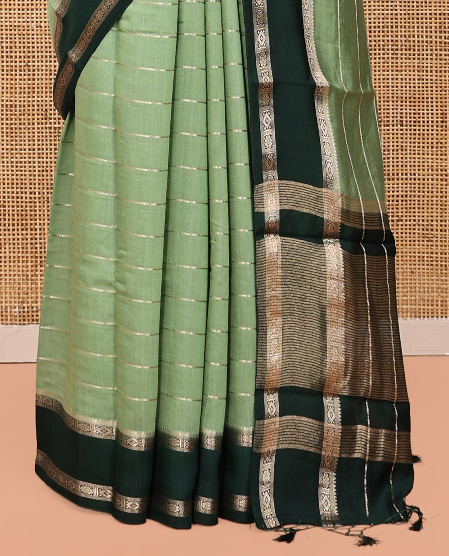 Green Assam Silk Saree, Elegantly Framed with Zari Stripes, Complemented by Contrast Traditional Zari Border, Striped Pallu, and a Contrast Blouse