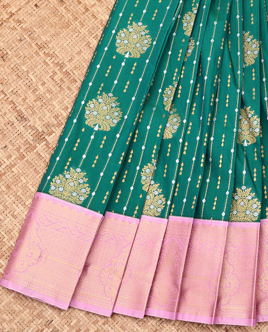 Green Budget Silk Saree, Ornamented with Zari Designs All Over Its Body, Complemented by a Contrast Traditional Zari Design Border, Grand Pallu, and Paired with a Contrast Blouse