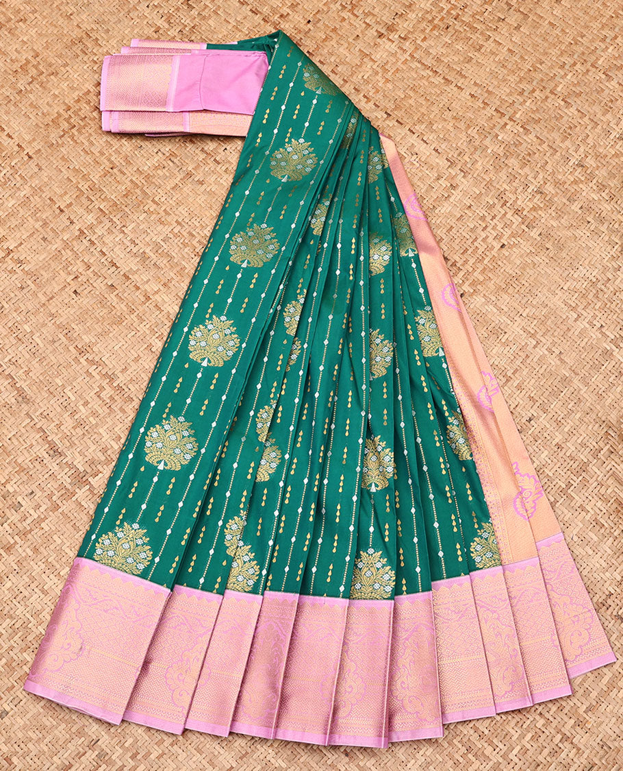 Green Budget Silk Saree, Ornamented with Zari Designs All Over Its Body, Complemented by a Contrast Traditional Zari Design Border, Grand Pallu, and Paired with a Contrast Blouse