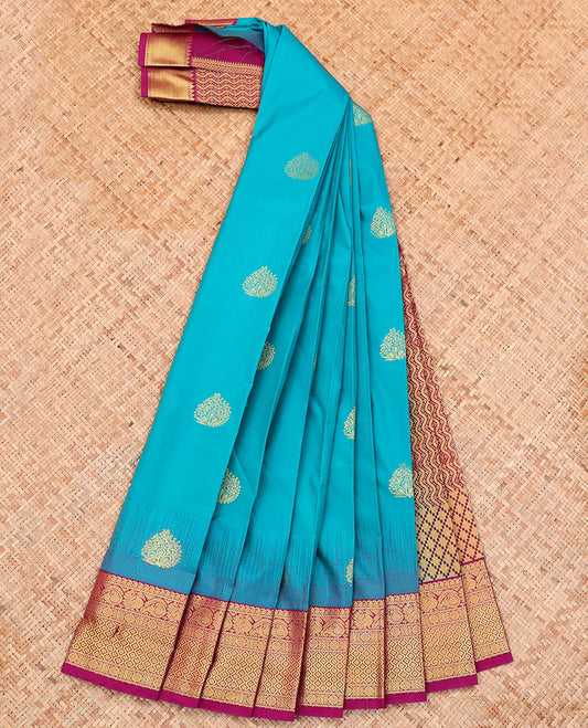 Blue Budget Silk Saree, Bedecked with Zari Buttas on Its Body, Complemented by a Contrast Traditional Zari Design Border, Pallu of Chevron Design, and Paired with a Contrast Blouse