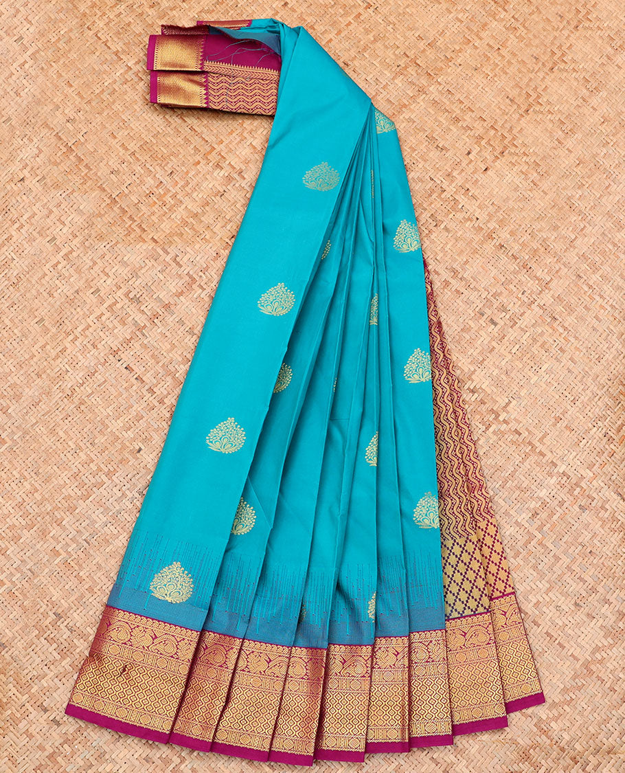 Blue Budget Silk Saree, Bedecked with Zari Buttas on Its Body, Complemented by a Contrast Traditional Zari Design Border, Pallu of Chevron Design, and Paired with a Contrast Blouse