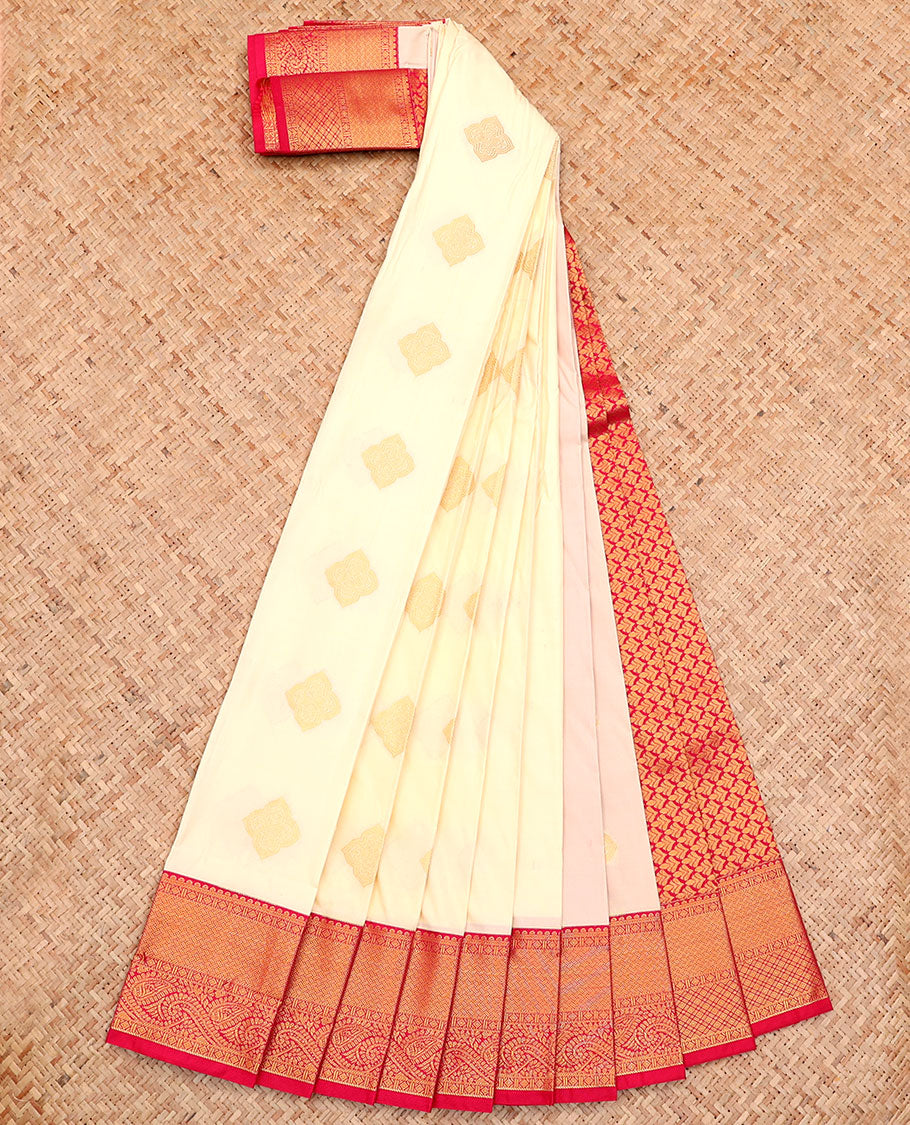 Cream Budget Silk Saree, Enthralled with Zari Buttas All Over Its Body, Complemented by a Contrast Traditional Zari Design Border, Grand Pallu, and Paired with a Contrast Blouse