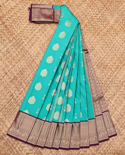 Turquoise Budget Silk Saree, Decked Up with Zari Buttas and Stripes, Complemented by a Contrast Traditional Zari Border, Jaal Pallu, and a Contrast Blouse