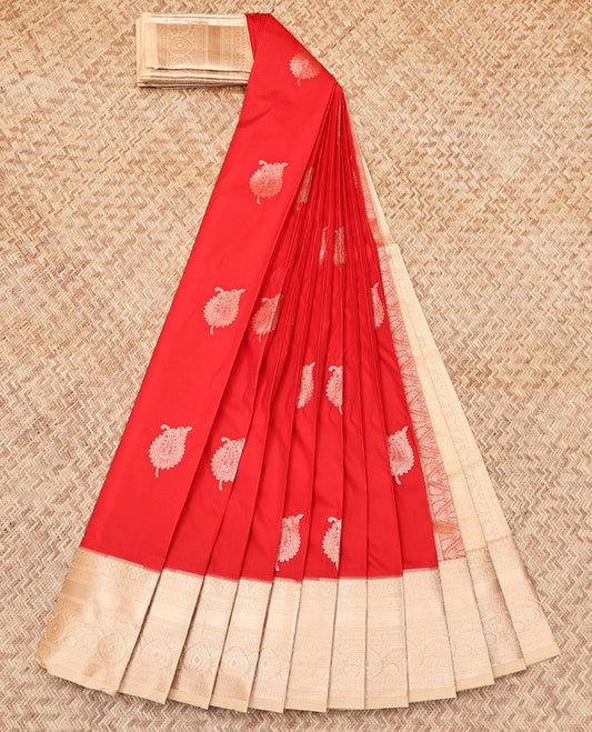 Red Budget Silk Saree, Woven with Zari Buttas, Complemented by Contrast Traditional Zari Border, Grand Pallu, and a Contrast Blouse