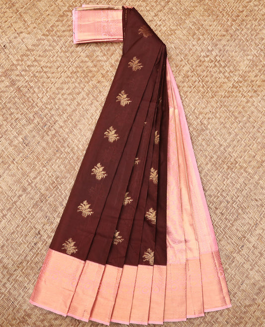 Brown Budget Silk Saree, Ornamented with Zari Buttas, Complemented by a Contrast Traditional Zari Border, Grand Pallu, and a Contrast Blouse