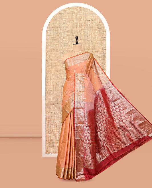 Orange Budget Silk Saree, Accentuated with Zari Buttas, Complemented by Contrast Traditional Zari Border, Pallu of Jaal and Paisleys, and Contrast Blouse