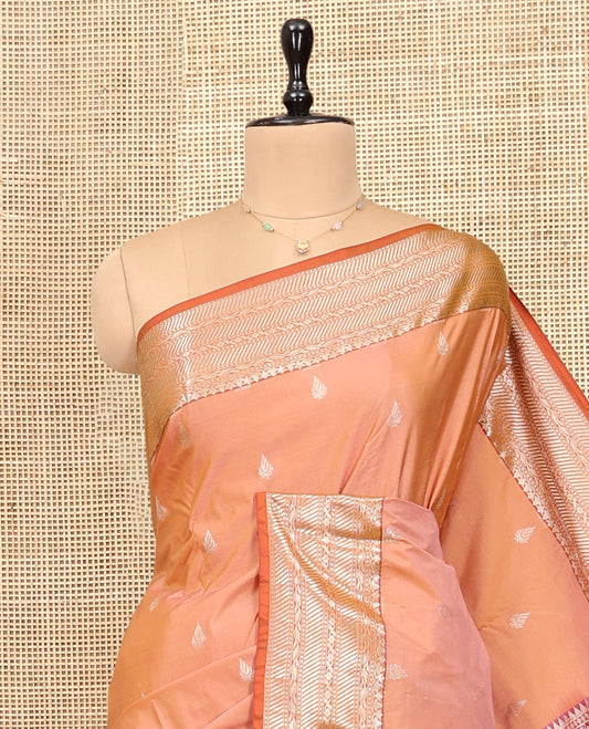 Orange Budget Silk Saree, Accentuated with Zari Buttas, Complemented by Contrast Traditional Zari Border, Pallu of Jaal and Paisleys, and Contrast Blouse