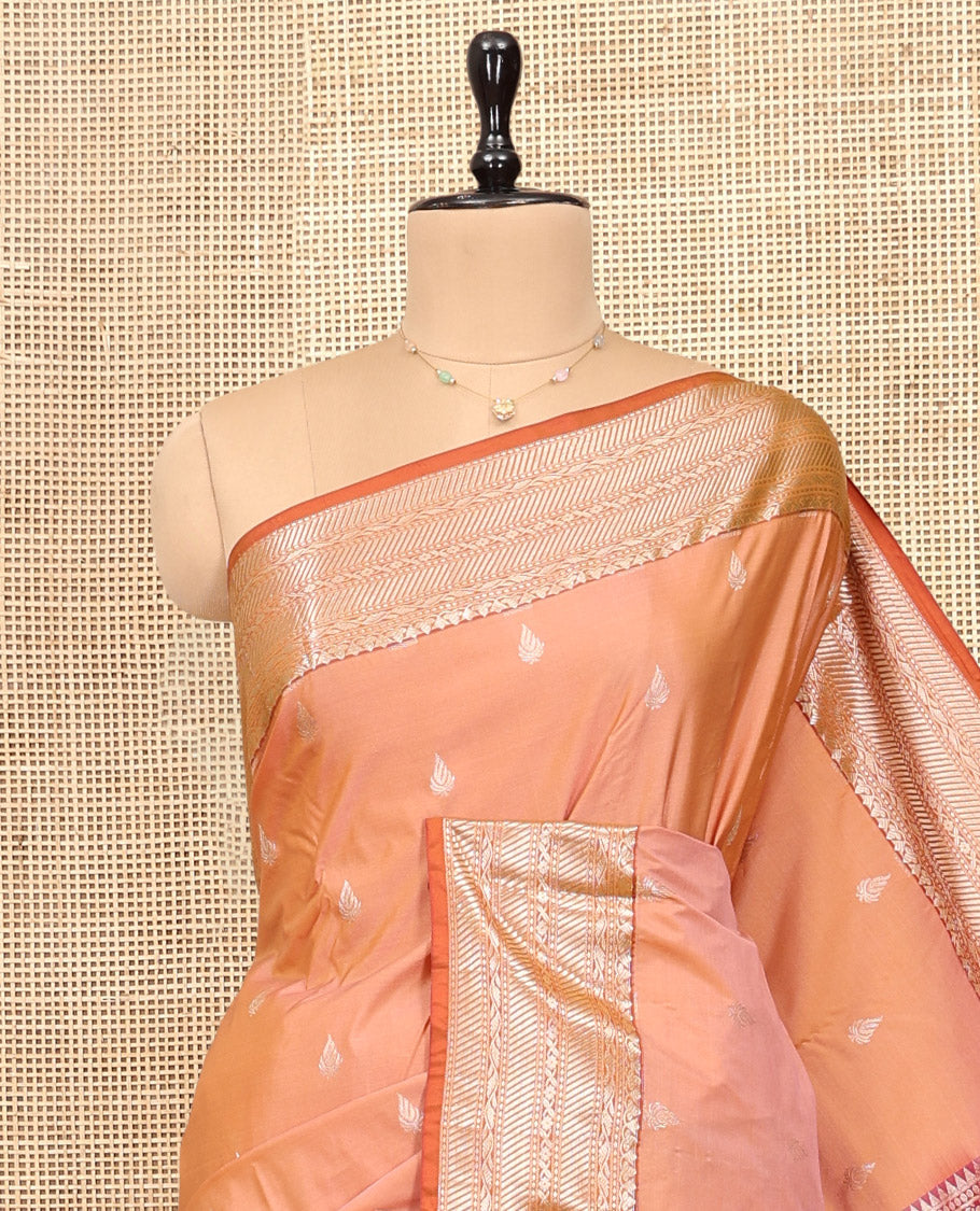 Orange Budget Silk Saree, Accentuated with Zari Buttas, Complemented by Contrast Traditional Zari Border, Pallu of Jaal and Paisleys, and Contrast Blouse