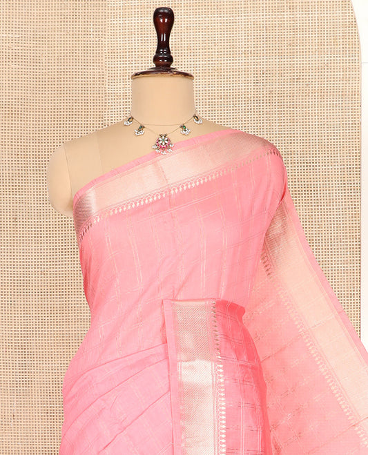 Pink Assam Silk Saree Subtly Sparkled with Medium-Sized Checks, Highlighted by Traditional Zari Design Border, Pallu Steeped with Zari Stripes, and Paired with a Contrast Blouse