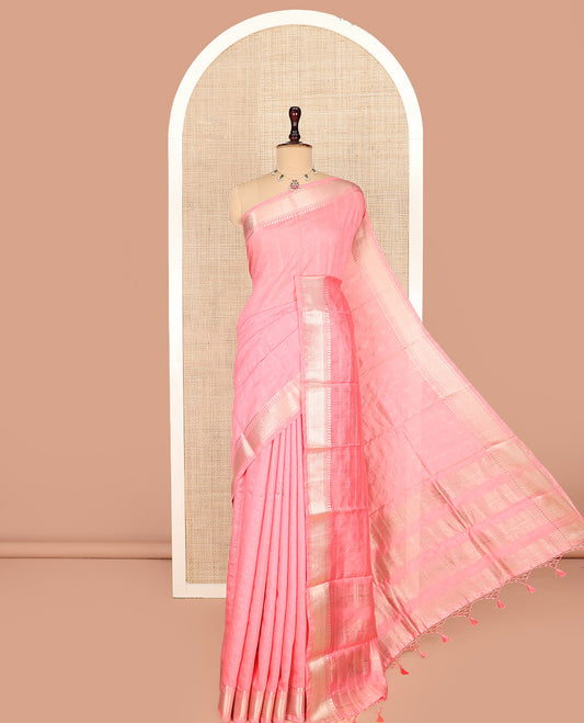 Pink Assam Silk Saree Subtly Sparkled with Medium-Sized Checks, Highlighted by Traditional Zari Design Border, Pallu Steeped with Zari Stripes, and Paired with a Contrast Blouse