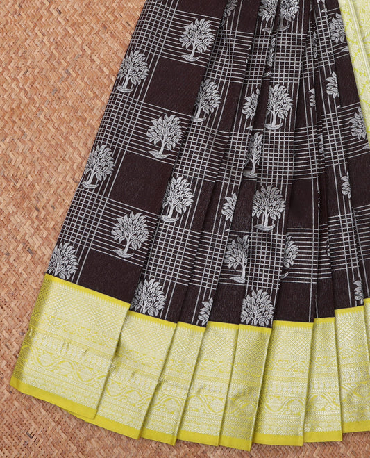 Brown Budget Silk Saree, Elevated with Zari Butta Enclosed Checks On Its Body, Complemented by Contrast Traditional Zari Designs, Grand Pallu, and Paired with a Contrast Blouse