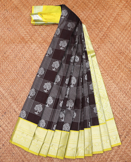 Brown Budget Silk Saree, Elevated with Zari Butta Enclosed Checks On Its Body, Complemented by Contrast Traditional Zari Designs, Grand Pallu, and Paired with a Contrast Blouse