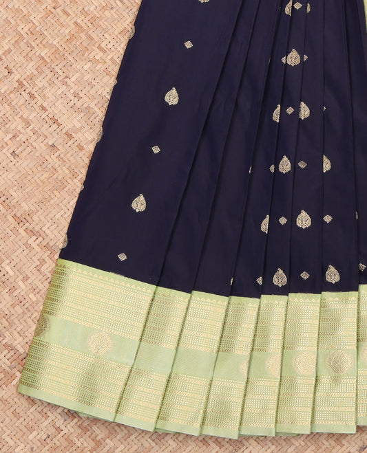 Blue Budget Silk Saree, Subtly Sparkled with Zari Buttas All Over Its Body, Complemented by a Contrast Traditional Zari Design Border, a Gleaming Pallu of Geometric Design, and Paired with a Contrast Blouse