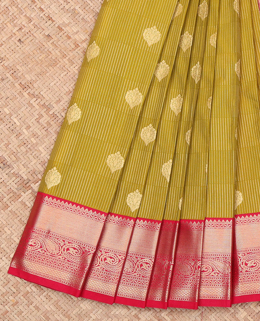 Green Budget Silk Saree, Elevated with Zari Buttas and Stripes on Its Body, Complemented by a Contrast Traditional Zari Design-Woven Border of Paisleys, Pallu of Floral and Jaal Designs, and Paired with a Contrast Blouse