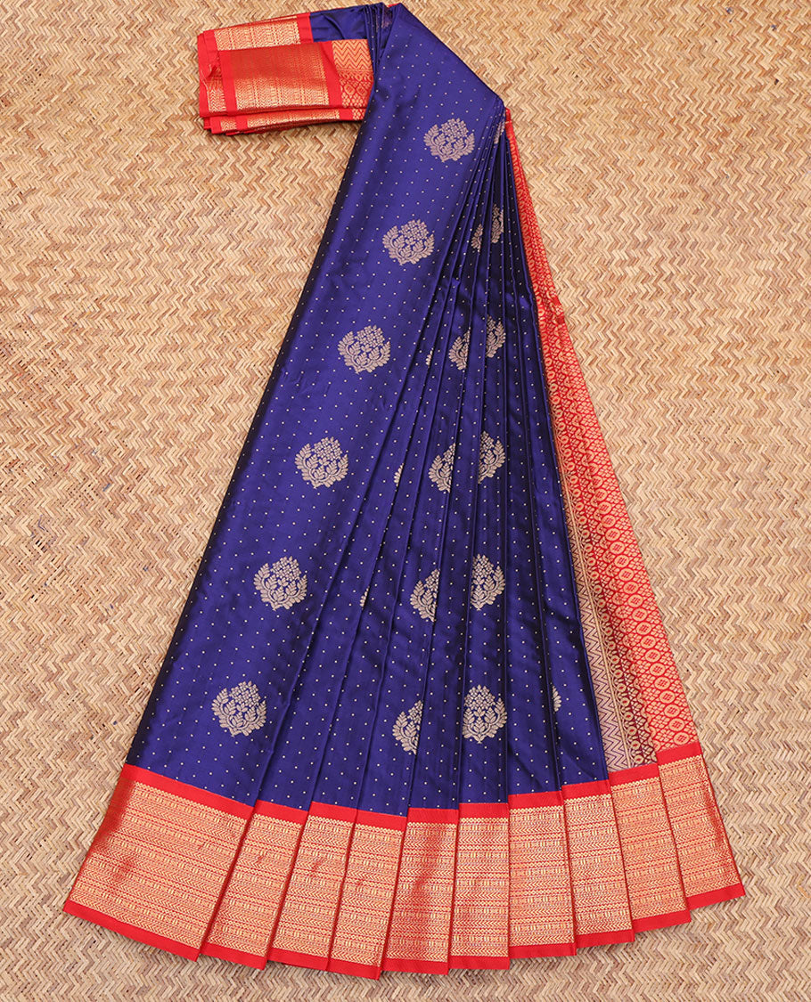 Blue Budget Silk Saree, Elegantly Decorated with Zari Buttas All Over Its Body, Complemented by a Contrast Traditional Zari Design Border, Intricately Designed Pallu, and Paired with a Contrast Blouse