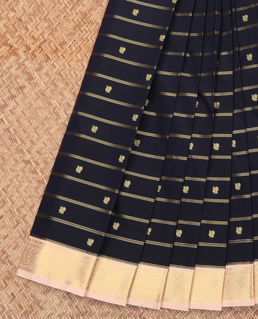 Black Budget Silk Saree, Finely Woven with Peacock Buttas and Stripes All Over Its Body, Complemented by a Contrast Traditional Zari Border of Peacocks, Pallu of Jaal Design, and Paired with a Contrast Blouse