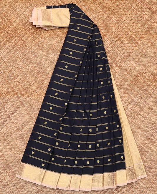Black Budget Silk Saree, Finely Woven with Peacock Buttas and Stripes All Over Its Body, Complemented by a Contrast Traditional Zari Border of Peacocks, Pallu of Jaal Design, and Paired with a Contrast Blouse