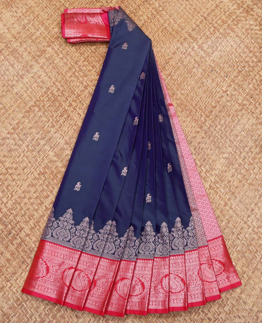 Blue Budget Silk Saree, Subtly Enriched with Zari Buttas on Its Body, Complemented by a Contrast Traditional Zari Design Border, Grand Jaal Pallu, and Paired with a Contrast Blouse