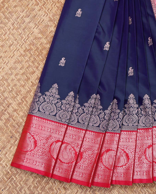 Blue Budget Silk Saree, Subtly Enriched with Zari Buttas on Its Body, Complemented by a Contrast Traditional Zari Design Border, Grand Jaal Pallu, and Paired with a Contrast Blouse