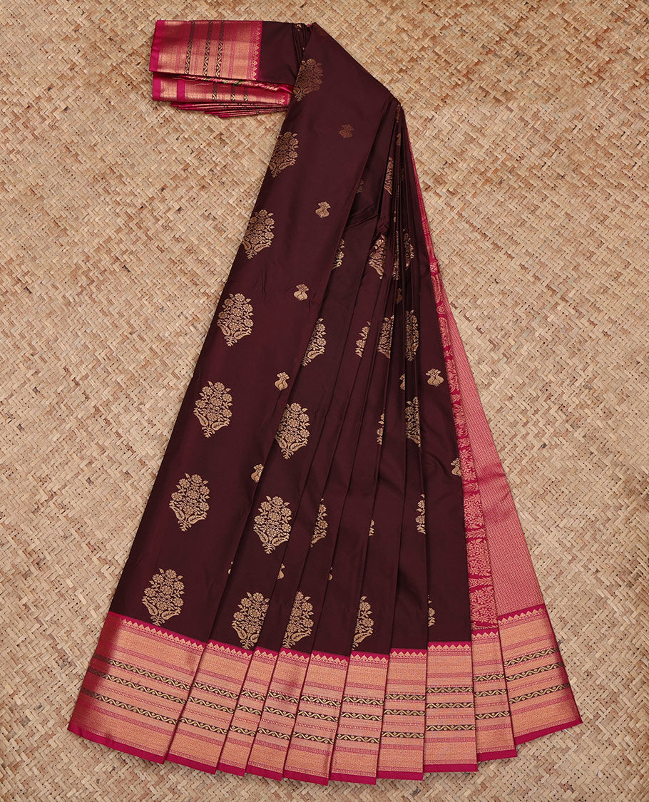 Brown Budget Silk Saree, Opulently Embellished with Zari Buttas All Over Its Body, Complemented by a Contrast Traditional Zari Design Border, Grand Pallu, and Paired with a Contrast Blouse
