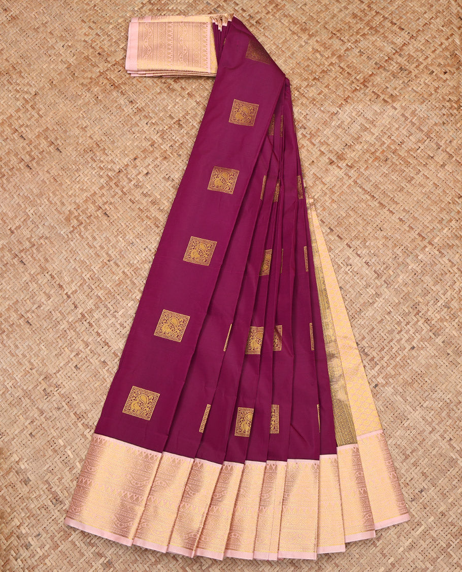 Wine Budget Silk Saree, Spotlighted with Zari Buttas, Complemented by a Contrast Traditional Zari Design Border, Grand Jaal Pallu, and a Contrast Blouse