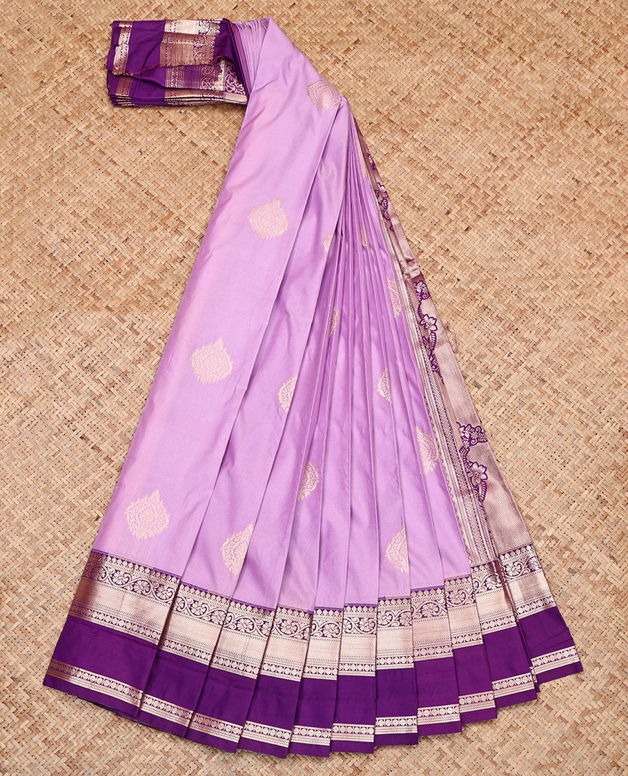 Lavender Budget Silk Saree, Bedecked with Zari Buttas, Complemented by a Contrast Traditional Zari Rettai Pettu Border, Pallu of Paisleys, and a Contrast Blouse