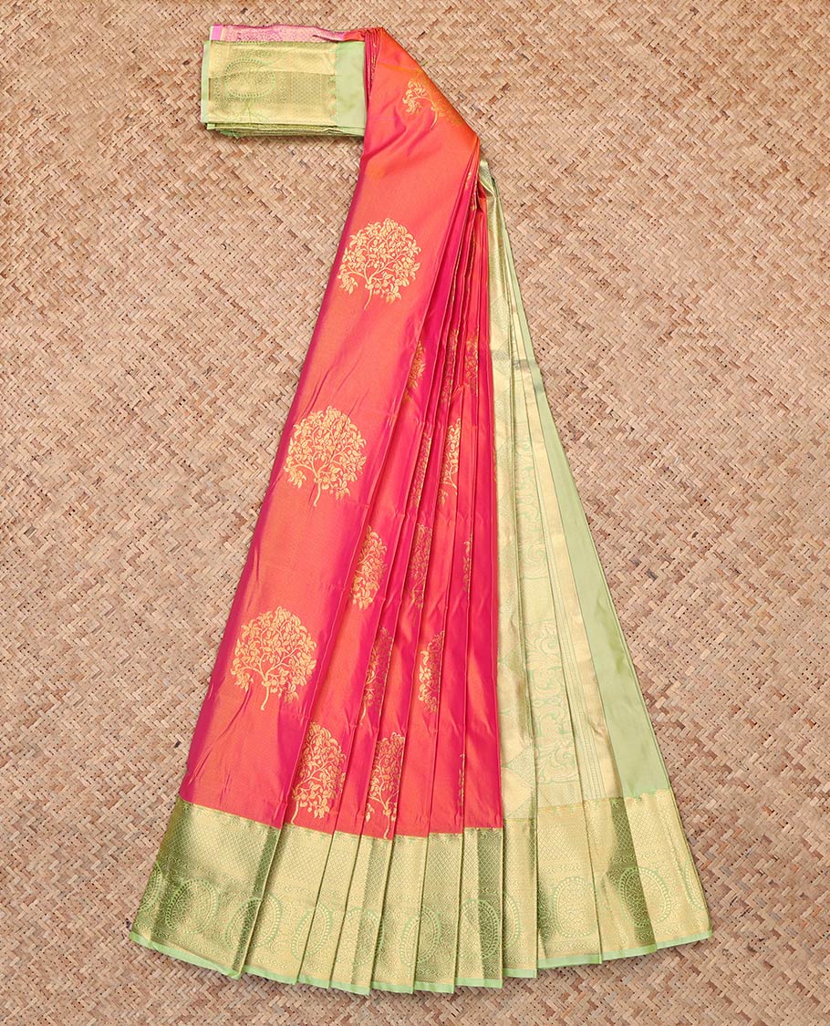 Orange Budget Silk Saree, Beautifully Decked Up with Tree Motifs, Complemented by Contrast Traditional Zari Border, Grand Pallu and Contrast Blouse