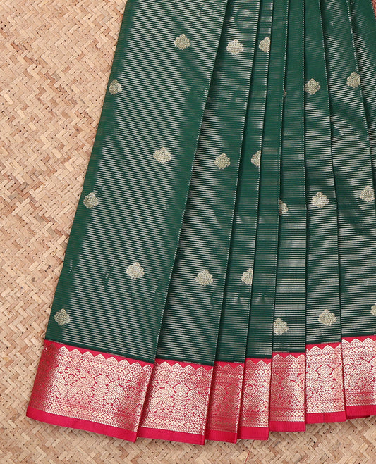 Green Budget Silk Saree, Bedecked with Zari Buttas, Complemented by a Contrast Traditional Zari Border, Geometric Pallu, and a Contrast Blouse