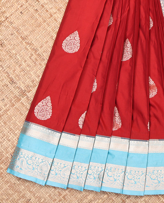 Rust Budget Silk Saree, Elevated with Zari Buttas, Complemented by a Contrast Traditional Zari Rettai Pettu Border, Grand Pallu, and a Contrast Blouse