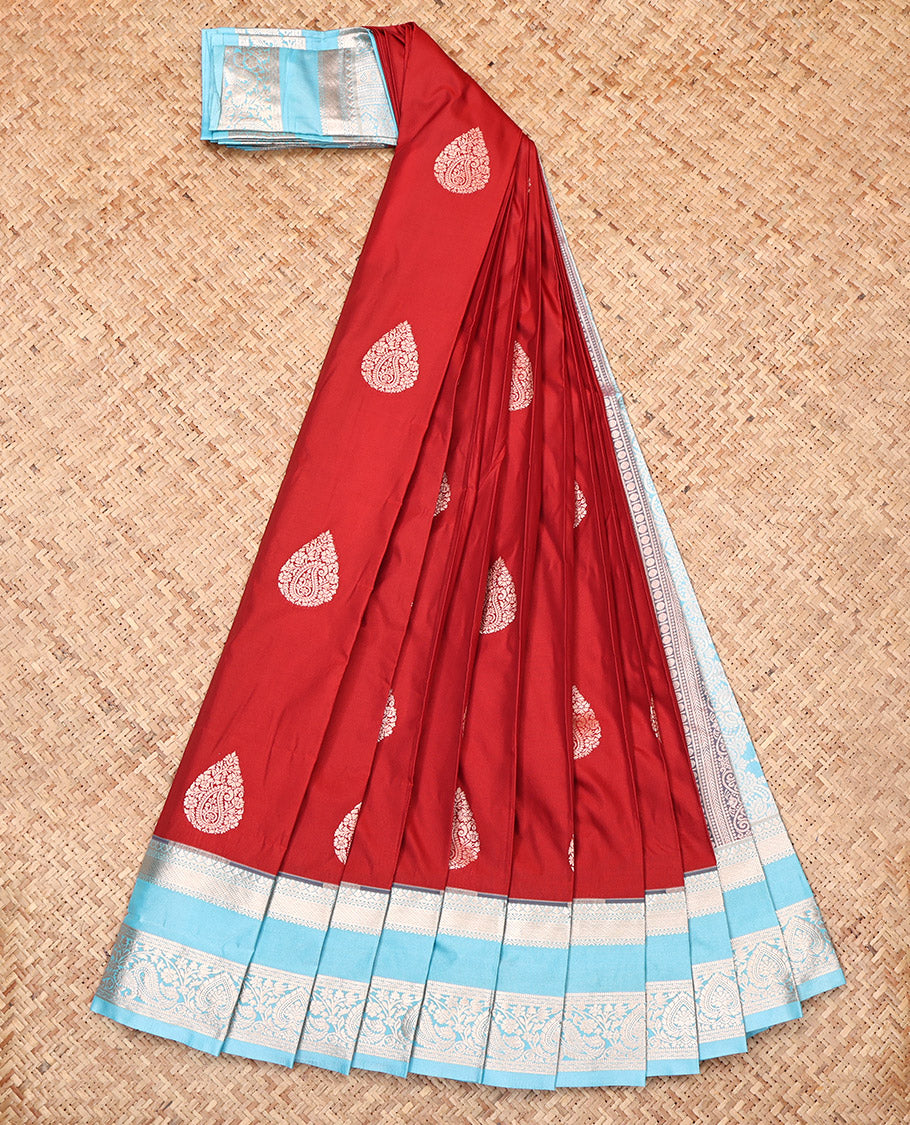 Rust Budget Silk Saree, Elevated with Zari Buttas, Complemented by a Contrast Traditional Zari Rettai Pettu Border, Grand Pallu, and a Contrast Blouse