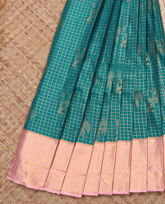 Green Budget Silk Saree, Elevated with Zari Buttas and Checks, Complemented by Contrast Traditional Zari Border, Intricate Pallu, and Contrast Blouse